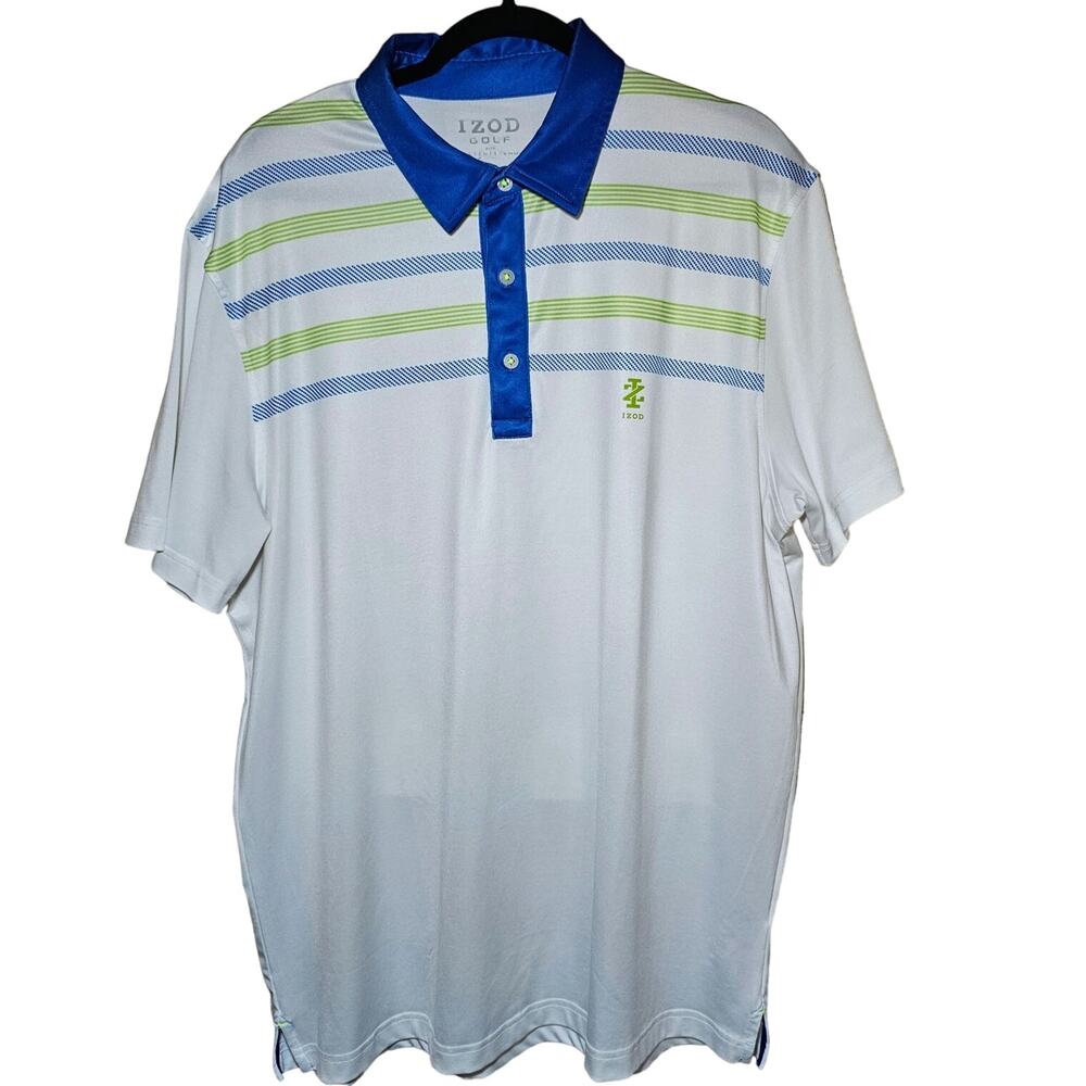 IZOD STRETCH GOLF GOLFING POLO SHIRT MENS LARGE WHITE GREEN BLUE EUC